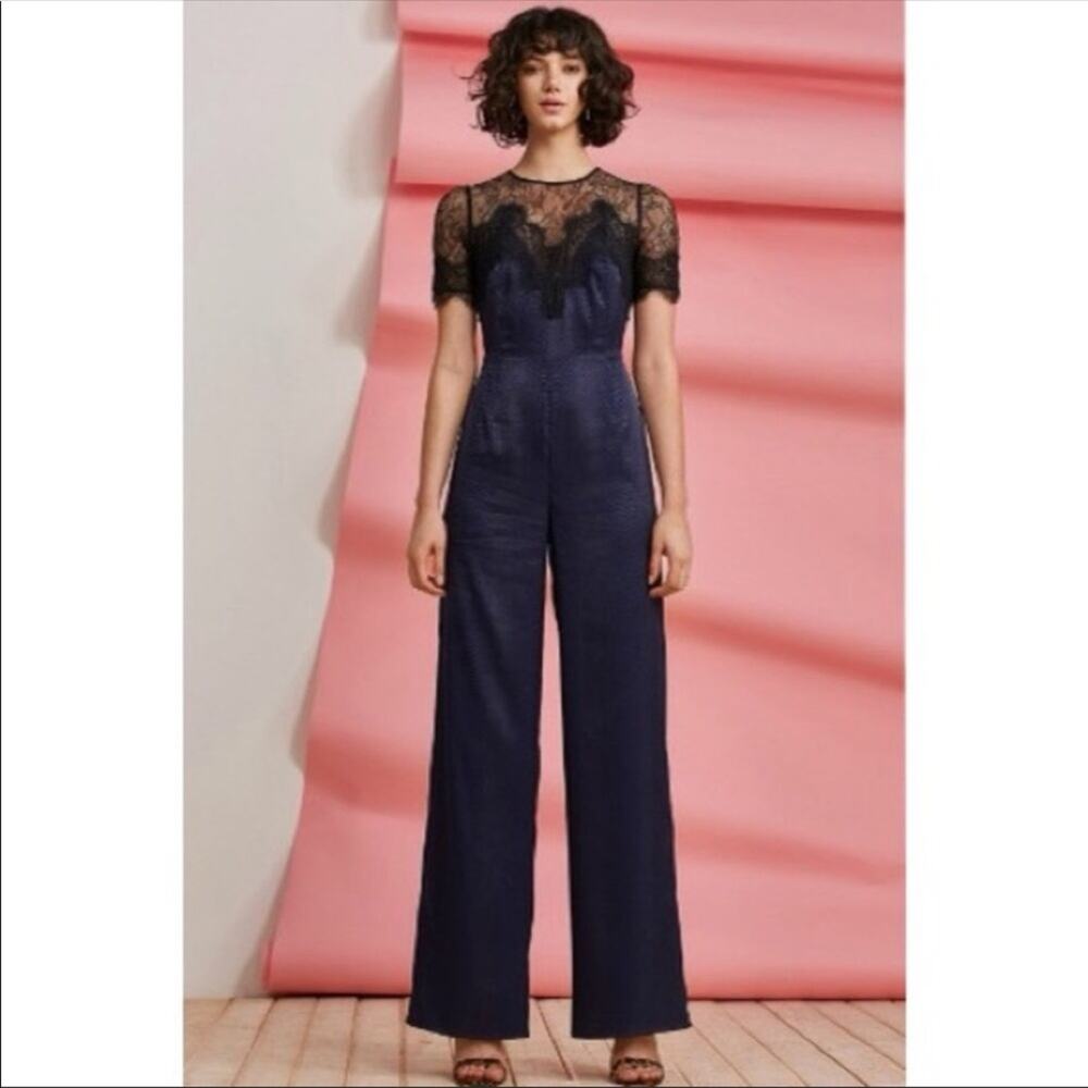 Foxiedox Anthropologie Nixie Navy Black Lace Bodice Wide Leg Jumpsuit - M
